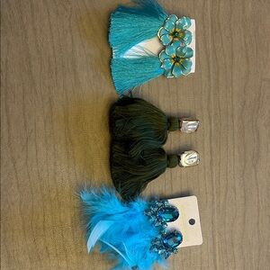 Set of Three Blue and Green Statement Earrings